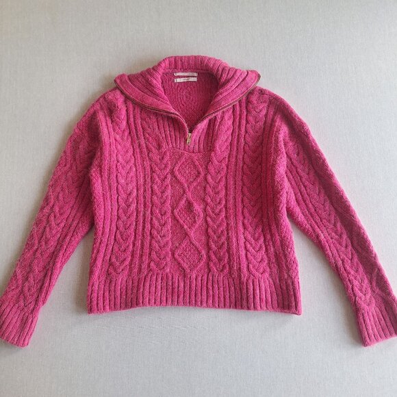 💙 Anthropologie Pink Quarter Zip Fuzzy Sweater Size S/M Preppy Fishermancore - Picture 8 of 8